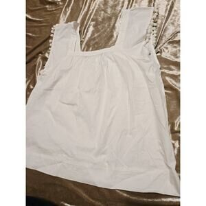 J.Crew Top Pom Pom Shoulder White Blouse Tropic Cotton Square Neck Sz M Preppy